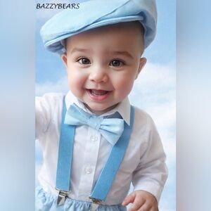 Blue Baby Boy Cake Smash Outfit | Cotton Bloomers, suspenders, bow tie, flat cap